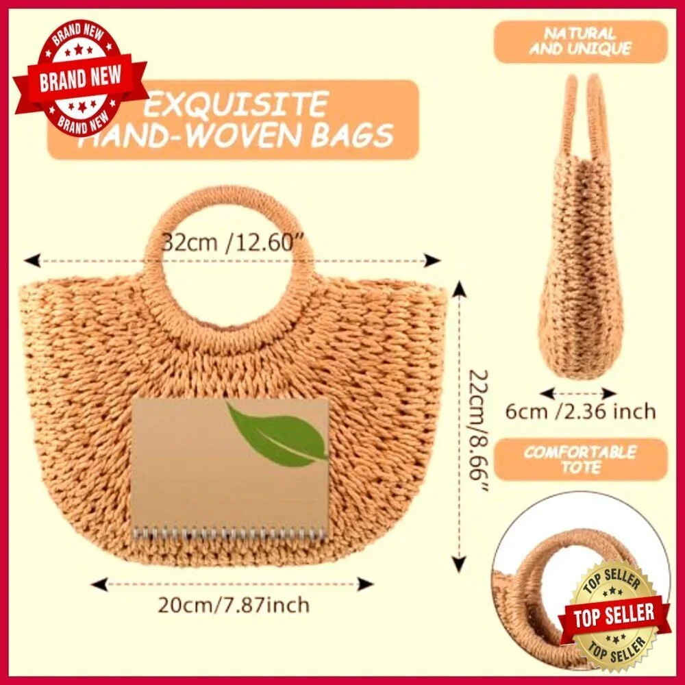 Large Straw Tote Bag with Drawstring Closure, Rattan Woven Handbag for Beach